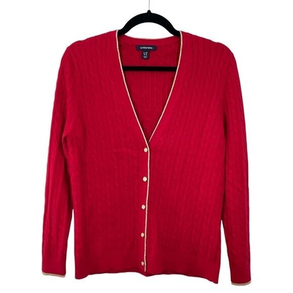 Lands' End Women's Cable Knit Gold Contrast Trim V-Neck Cardigan Sweater Red PL - Picture 1 of 7